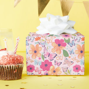 Rosa Blume und Schmetterlinge Geschenkpapier