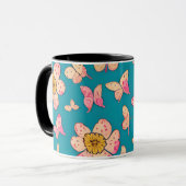 Rosa Blume und Schmetterlinge Muster Hintergrund Tasse (Vorderseite Links)