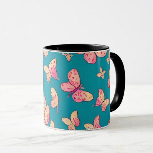 Rosa Blume und Schmetterlinge Muster Hintergrund Tasse (VorderseiteRechts)