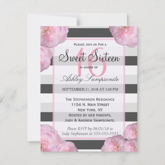 Rosa Blume und schwarze, graue und weiße Streifen Einladung (Vorderseite)