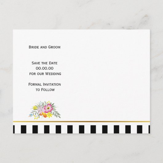 Rosa Blume und Streifen Hochzeit Speichern Sie das Ankündigungspostkarte (Rückseite)
