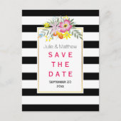 Rosa Blume und Streifen Hochzeit Speichern Sie das Ankündigungspostkarte (Vorderseite)