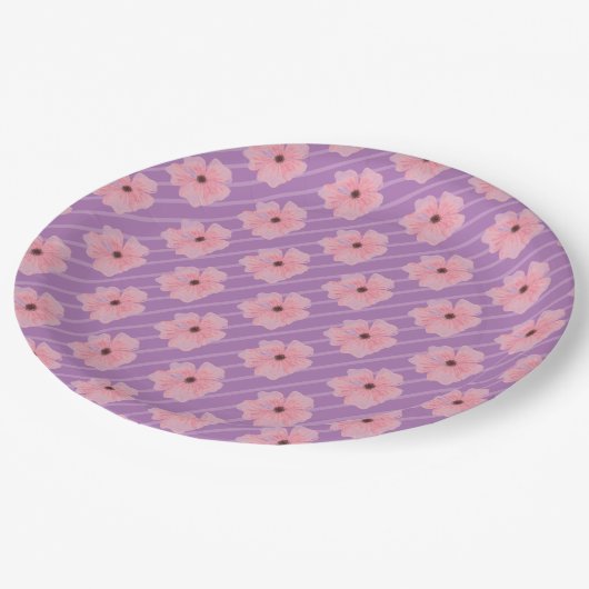 Rosa Blume und Streifen Papier Teller (Schrägansicht)