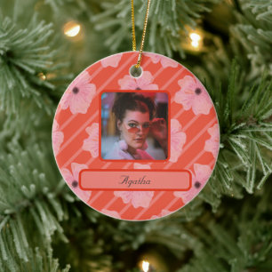 Rosa Blume und Streifen Personalisiert Keramik Ornament