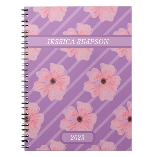 Rosa Blume und Streifen Personalisiertes Notebook Notizblock (Vorderseite)