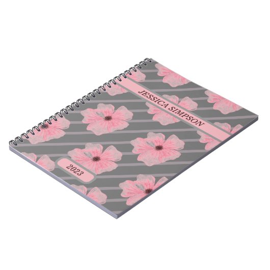 Rosa Blume und Streifen Personalisiertes Notebook Notizblock (Linke Seite)