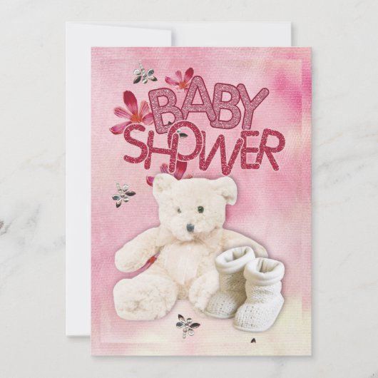 Rosa Blume und Teddybär Babydusche Einladung (Vorderseite)