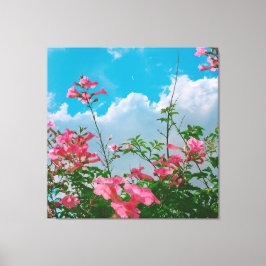 Rosa Blume unter blauem Himmel mit Wolken - Natur Leinwanddruck