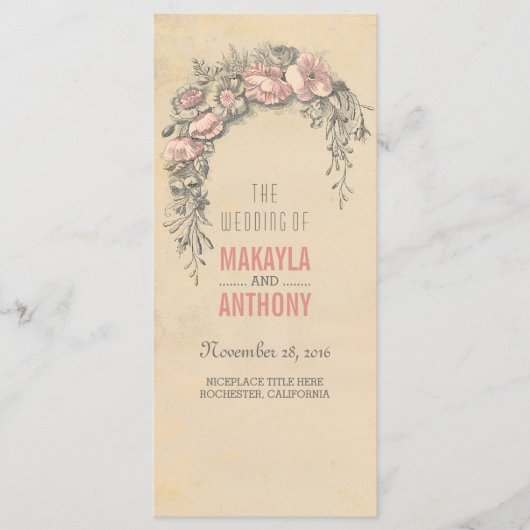 Rosa Blume Vintage Hochzeitsprogramme Programm (Vorderseite)