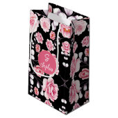 Rosa Blume Vintages Muster | Custom Monogram Kleine Geschenktüte (Rückseite Schrägansicht)
