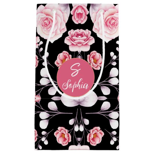 Rosa Blume Vintages Muster | Custom Monogram Kleine Geschenktüte (Vorderseite)