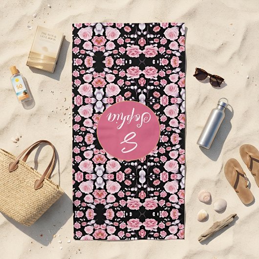 Rosa Blume Vintages Muster | Custom Monogram Strandtuch