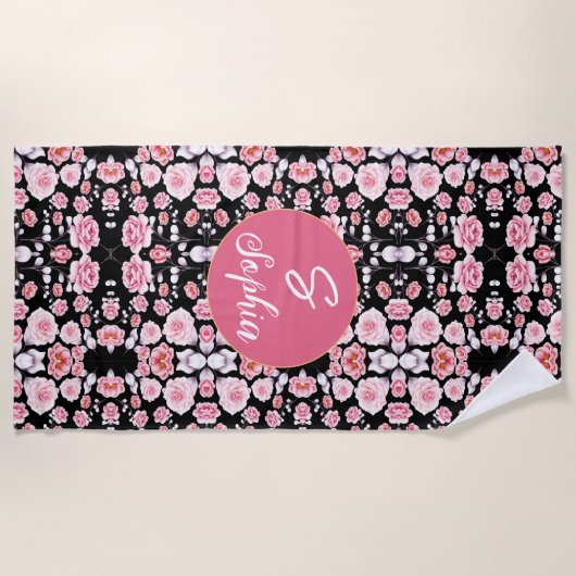 Rosa Blume Vintages Muster | Custom Monogram Strandtuch (Vorderseite)