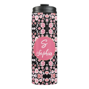 Rosa Blume Vintages Muster   Custom Monogram Thermosbecher