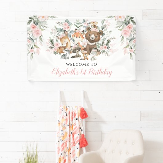 Rosa Blume Waldtiere Mädchen Geburtstag Banner (Insitu)