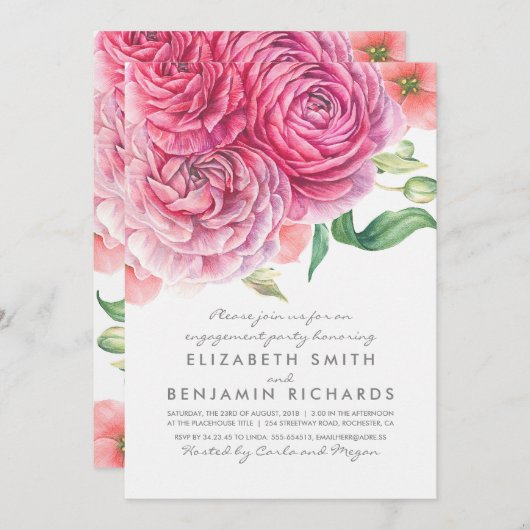 Rosa Blume Wasserfarbe Elegante Engagement Party Einladung (Vorne/Hinten)