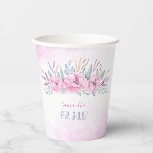 Rosa Blume Wasserfarbe Elegante Kinderdusche Pappbecher (Vorderseite)