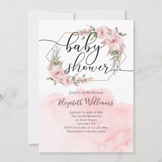 Rosa Blume Wasserfarbe Girl Babydusche Einladung (Vorderseite)