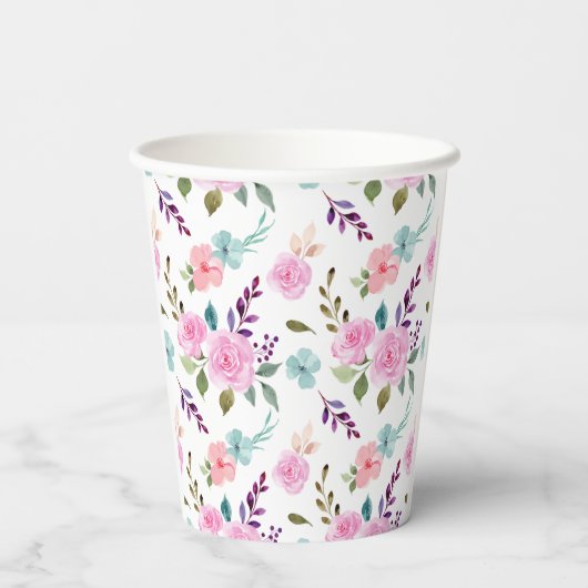 Rosa Blume Wasserfarbe nahtlos Pappbecher (Rückseite)