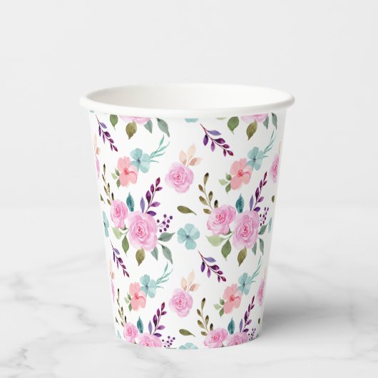 Rosa Blume Wasserfarbe nahtlos Pappbecher (Vorderseite)