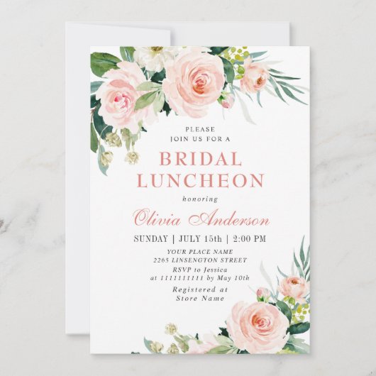 Rosa Blume Wasserfarben Bridal Luncheon Einladung (Vorderseite)