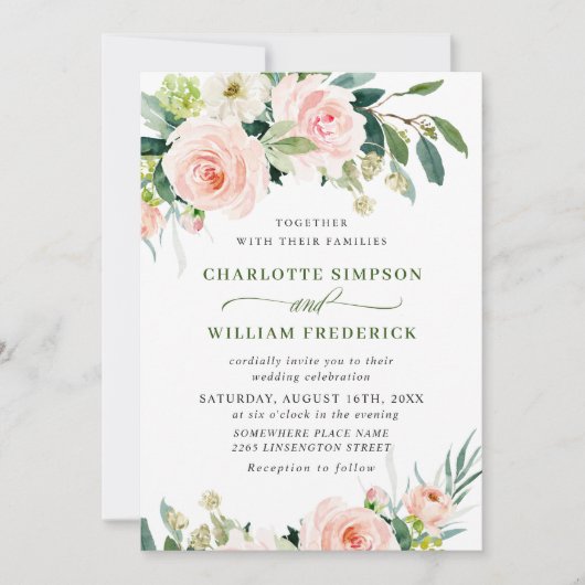 Rosa Blume Wasserfarben Grüne Hochzeit Einladung (Vorderseite)
