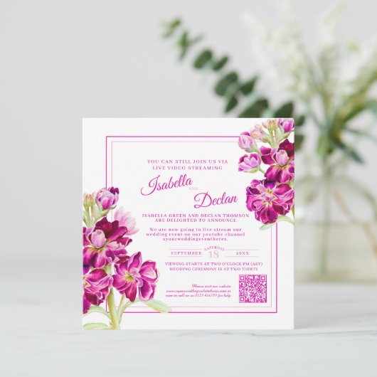 Rosa Blume Wasserfarben Live-Stream Hochzeit Einladung (Stehend Vorderseite)