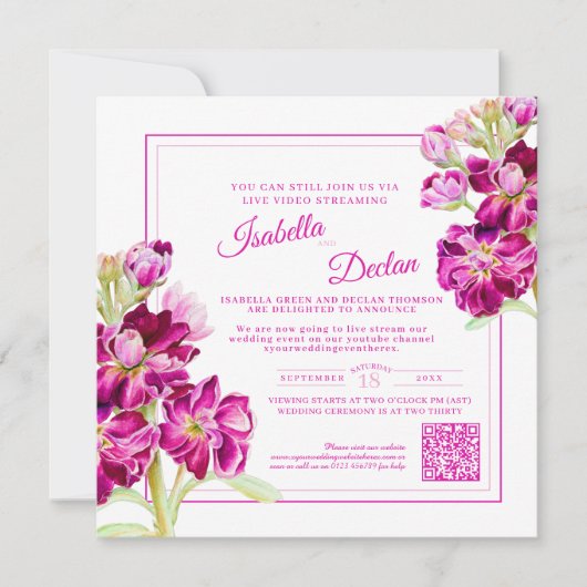 Rosa Blume Wasserfarben Live-Stream Hochzeit Einladung (Vorderseite)