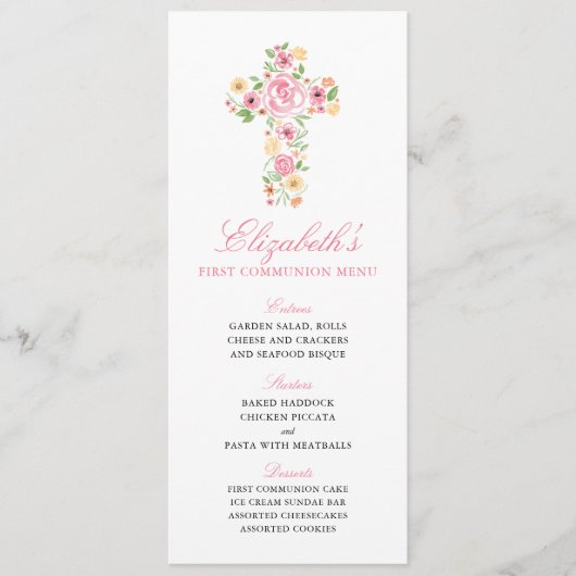 Rosa Blume Watercolor Cross Erstes Kommunizmenü Menükarte (Vorderseite)