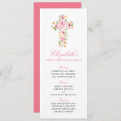 Rosa Blume Watercolor Cross Erstes Kommunizmenü Menükarte (Vorne/Hinten)