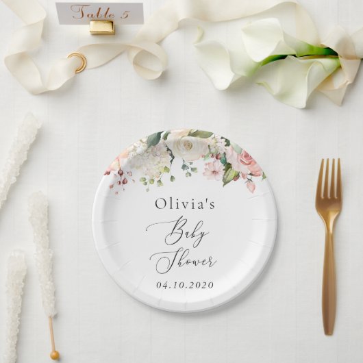 Rosa Blume, weiße Blume, Boho, Babydusche Pappteller (Hochzeit)