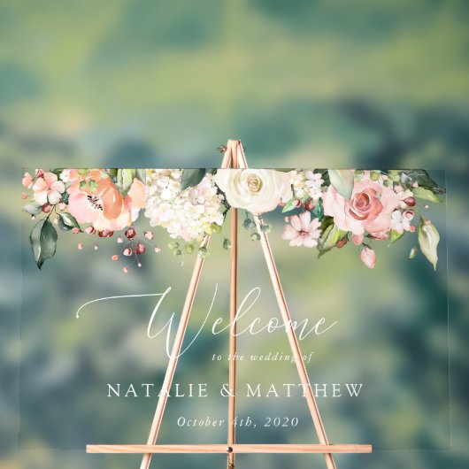 Rosa Blume, weiße Blume, Boho, Begrüßung Acrylschild (Neutral)