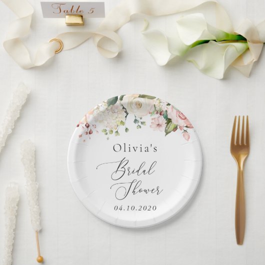 Rosa Blume, weiße Blume, Boho, Brautparty Pappteller (Hochzeit)