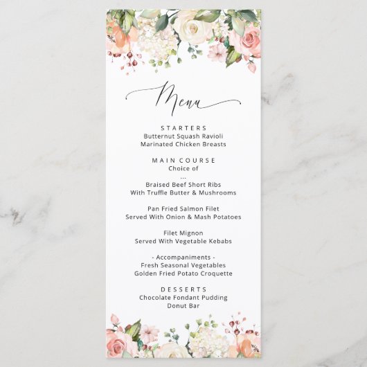 Rosa Blume, weiße Blume, Boho, Hochzeitsmenü Menükarte (Vorderseite)