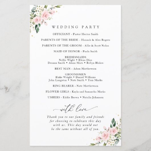 Rosa Blume, weiße Blume, Boho, Hochzeitsprogramm (Rückseite)