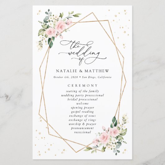 Rosa Blume, weiße Blume, Boho, Hochzeitsprogramm (Vorderseite)