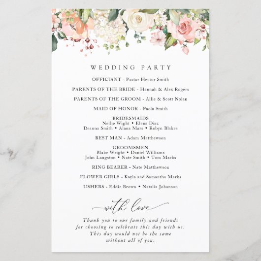 Rosa Blume, weiße Blume, Boho, Hochzeitsprogramm (Rückseite)