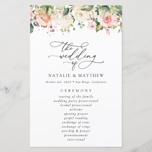 Rosa Blume, weiße Blume, Boho, Hochzeitsprogramm (Vorderseite)