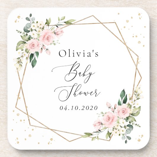 Rosa Blume, weiße Blume, Grünpflanzen, Babydusche Getränkeuntersetzer (Vorderseite)