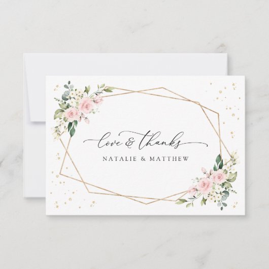 Rosa Blume, weiße Blume, Grünpflanzen, Hochzeit Dankeskarte (Vorderseite)