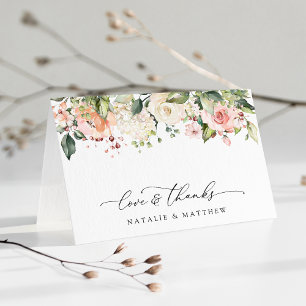 Rosa Blume, weiße Blume, Grünpflanzen, Hochzeit Dankeskarte