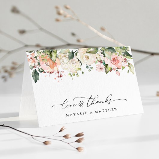 Rosa Blume, weiße Blume, Grünpflanzen, Hochzeit Dankeskarte