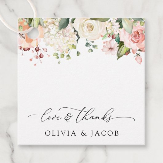 Rosa Blume, weiße Blume, Grünpflanzen, Hochzeit Geschenkanhänger (Vorderseite)