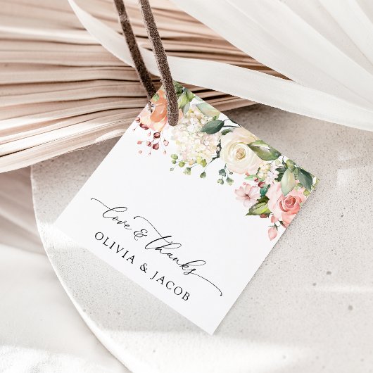 Rosa Blume, weiße Blume, Grünpflanzen, Hochzeit Geschenkanhänger