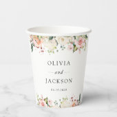 Rosa Blume, weiße Blume, Grünpflanzen, Hochzeit Pappbecher (Rückseite)