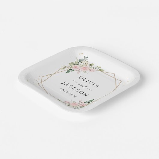 Rosa Blume, weiße Blume, Grünpflanzen, Hochzeit Pappteller (Gewinkelt)