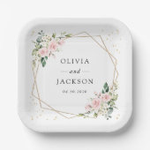 Rosa Blume, weiße Blume, Grünpflanzen, Hochzeit Pappteller (Vorderseite)