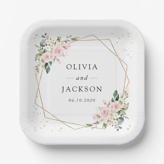 Rosa Blume, weiße Blume, Grünpflanzen, Hochzeit Pappteller (Vorderseite)