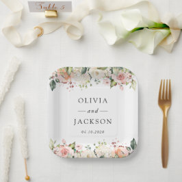 Rosa Blume, weiße Blume, Grünpflanzen, Hochzeit Pappteller