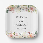 Rosa Blume, weiße Blume, Grünpflanzen, Hochzeit Pappteller (Vorderseite)